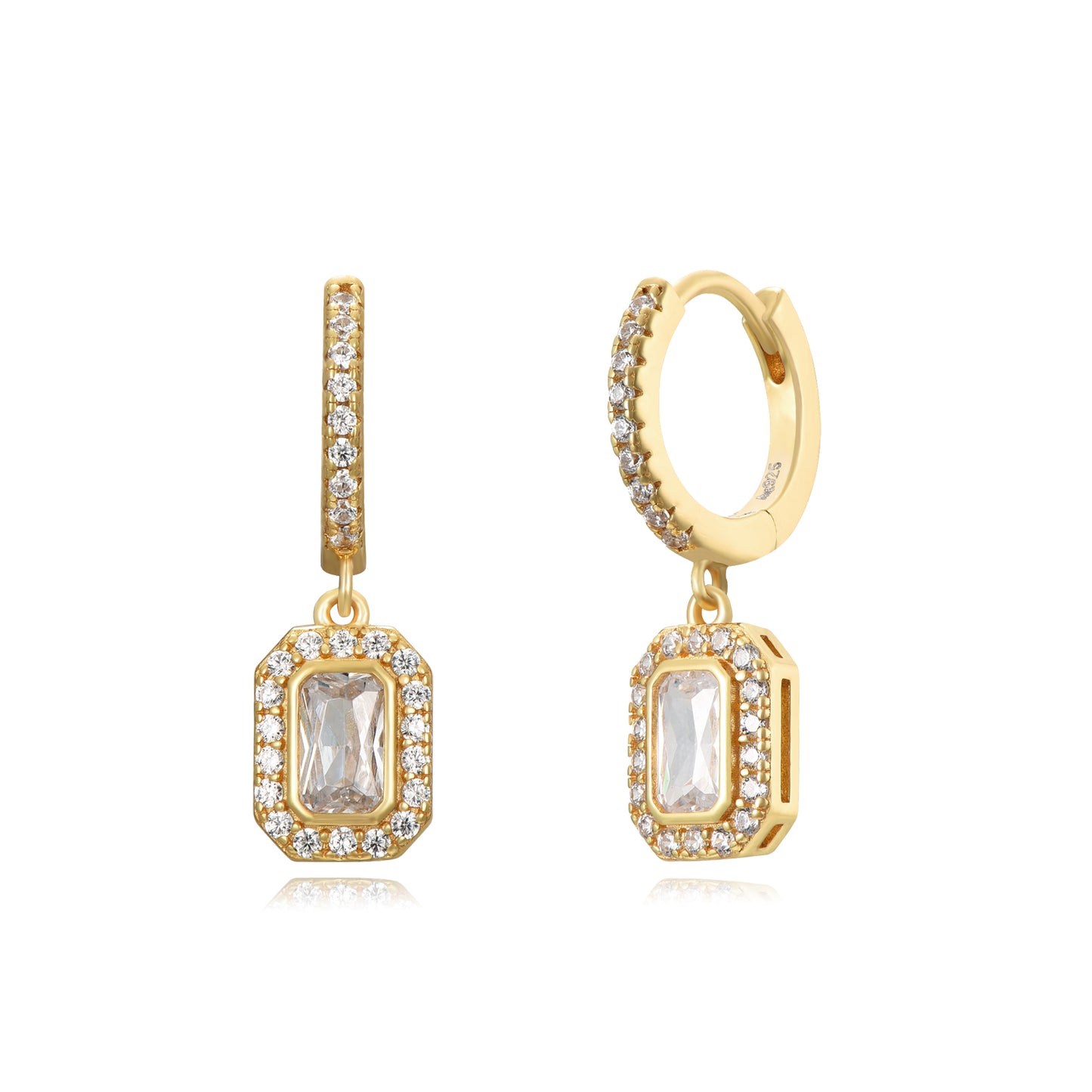 Sterling silver gold plated earring with white zirconia gems decorating the attachment with a big gem in the middle 
