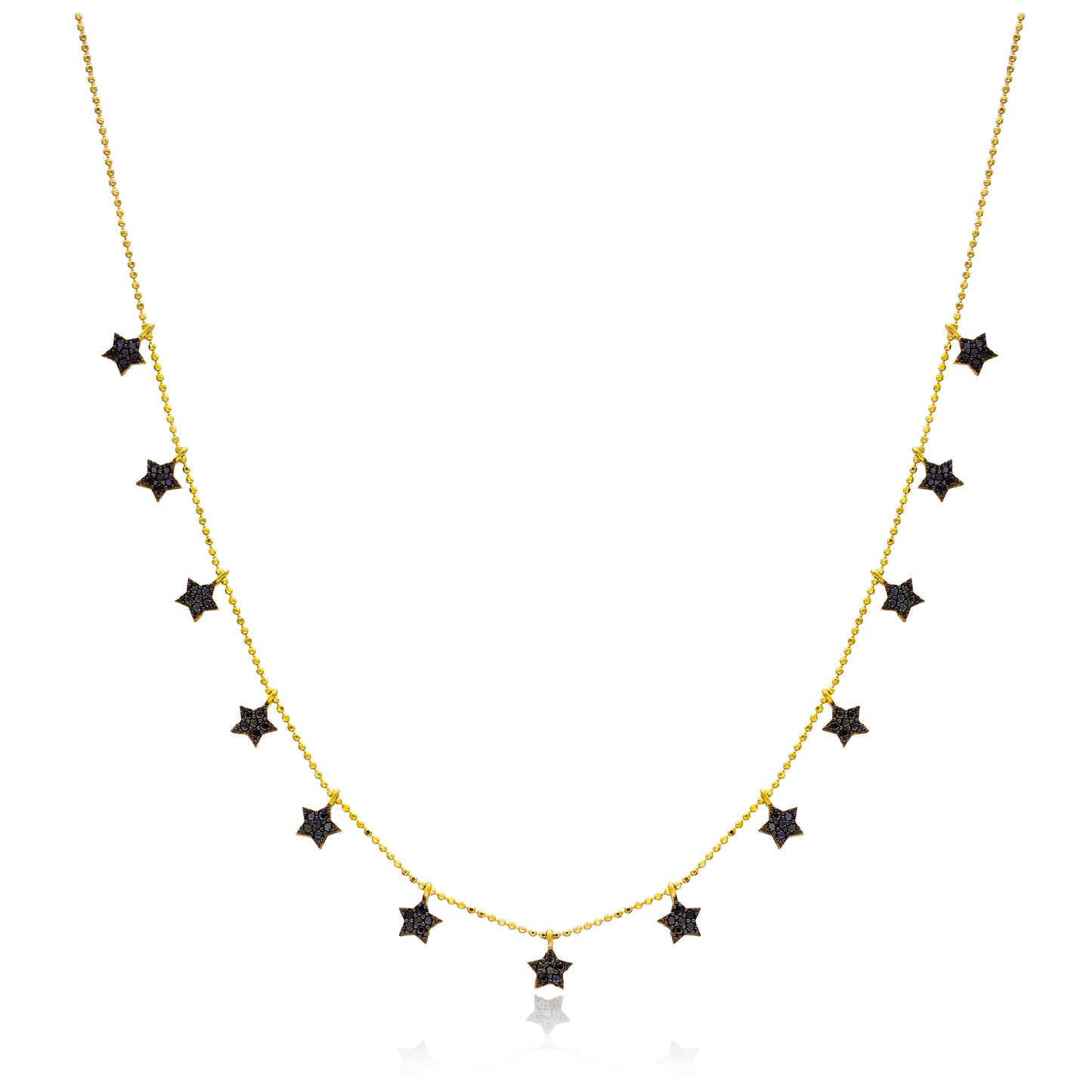 golden sterling silver gold plated neckless with 13 black star shaped zircon charms